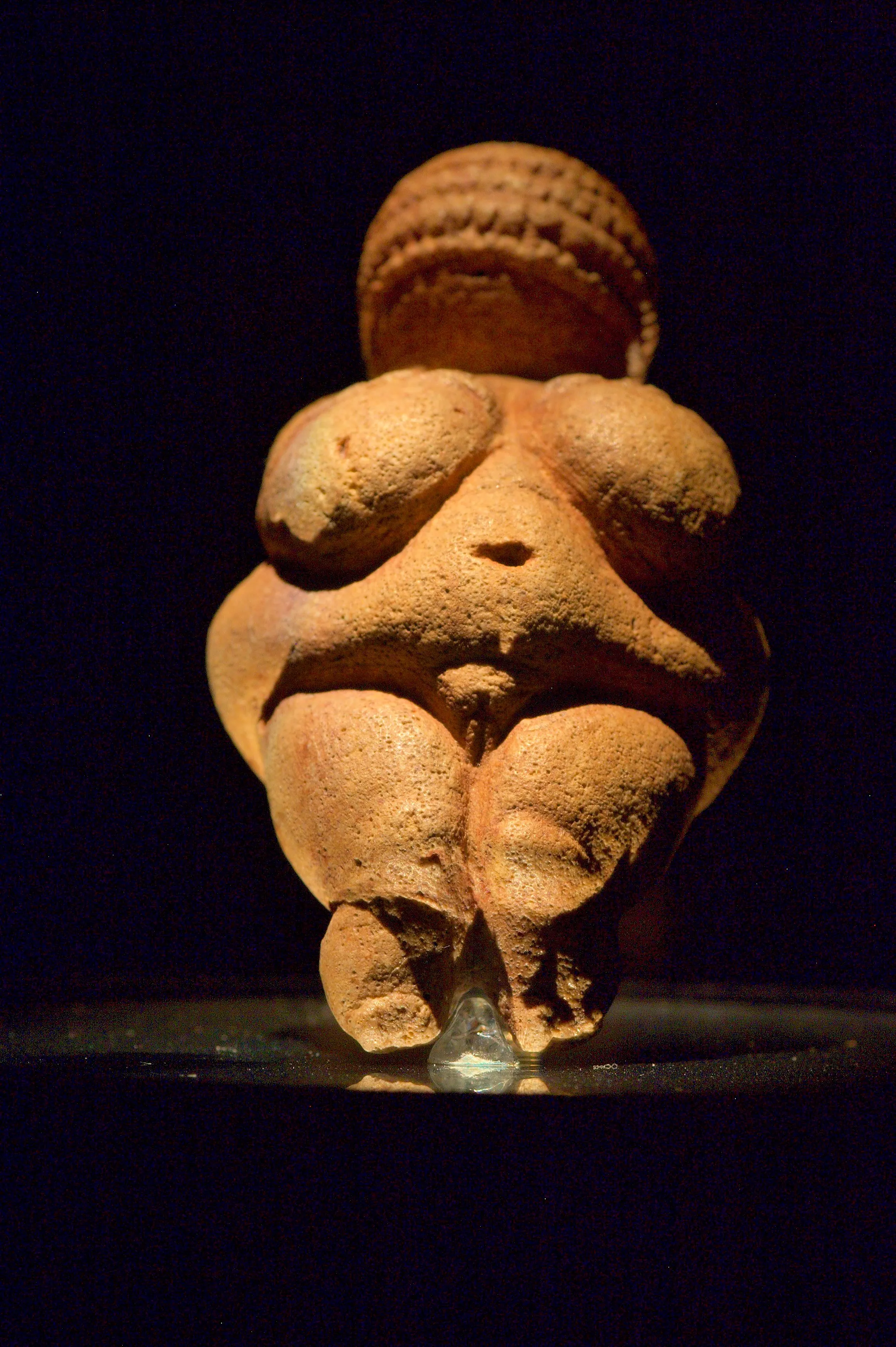 Zbliżenie Wenus z Willendorfu, prehistorycznej figurki wykonanej z wapienia, prezentowanej na szklanym postumencie na ciemnym tle.