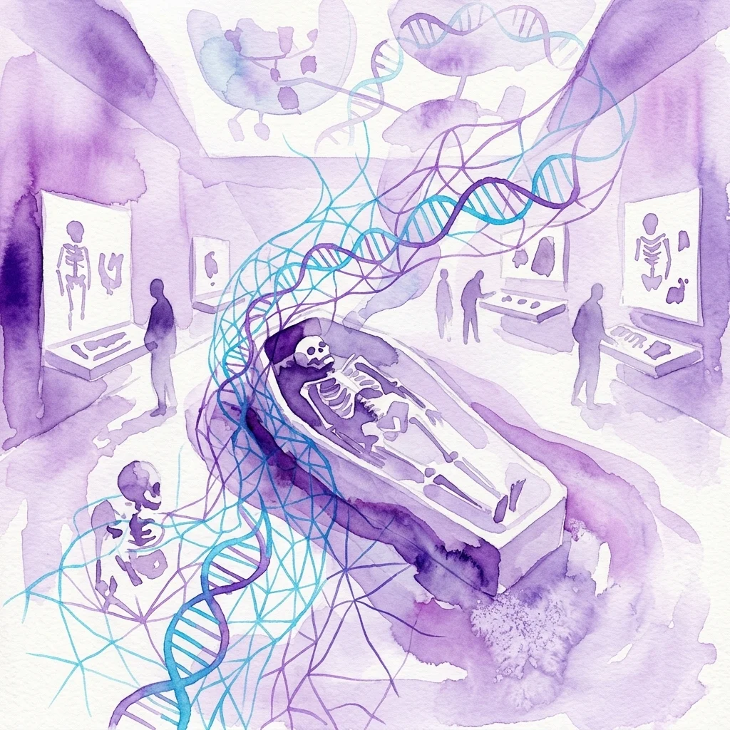 Sala wystawowa muzeum prezentująca szkielet w trumnie otoczony podwójnymi helisami DNA, ilustrujący wystawę GENCHANGERS. dotyczącą archeogenetyki i wczesnośredniowiecznych cmentarzysk.