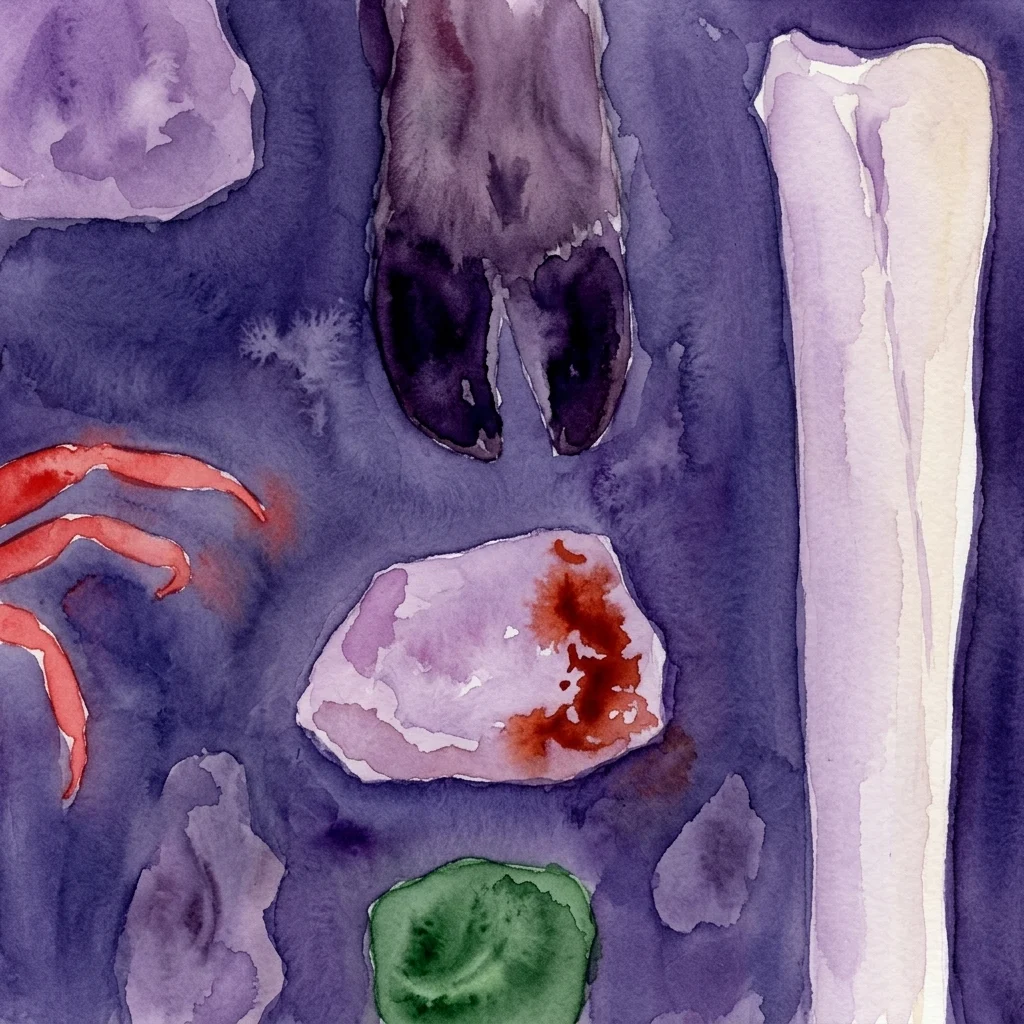 Watercolor illustration of natural history specimens including a bone, fossil, and mineral, evoking themes of collecting and ethical contemplation.