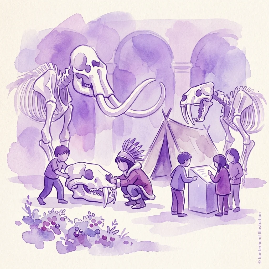 Ilustracja przedstawiająca dzieci odkrywające szkielety zwierząt z epoki lodowcowej, w tym mamuta i kota szablozębnego, w muzealnym otoczeniu z namiotem i interaktywną wystawą.