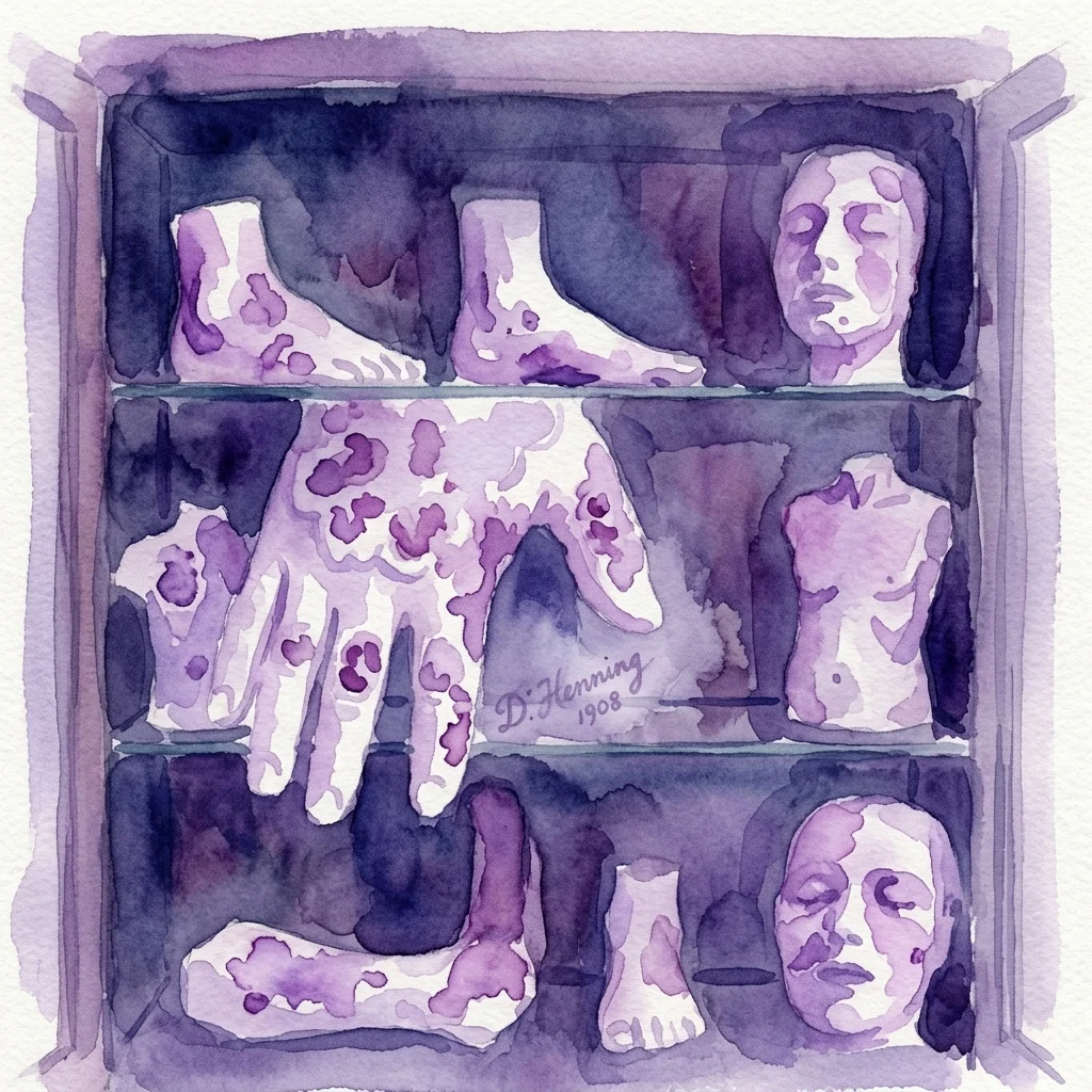 Ilustracja medycznych modeli anatomicznych przedstawiających choroby i urazy skóry, eksponowanych w gablocie. Obraz, podpisany 'D. Henning 1908', prezentuje realistyczne modele dłoni, stóp i twarzy ze zmianami skórnymi, podkreślając historyczne narzędzia nauczania medycznego.