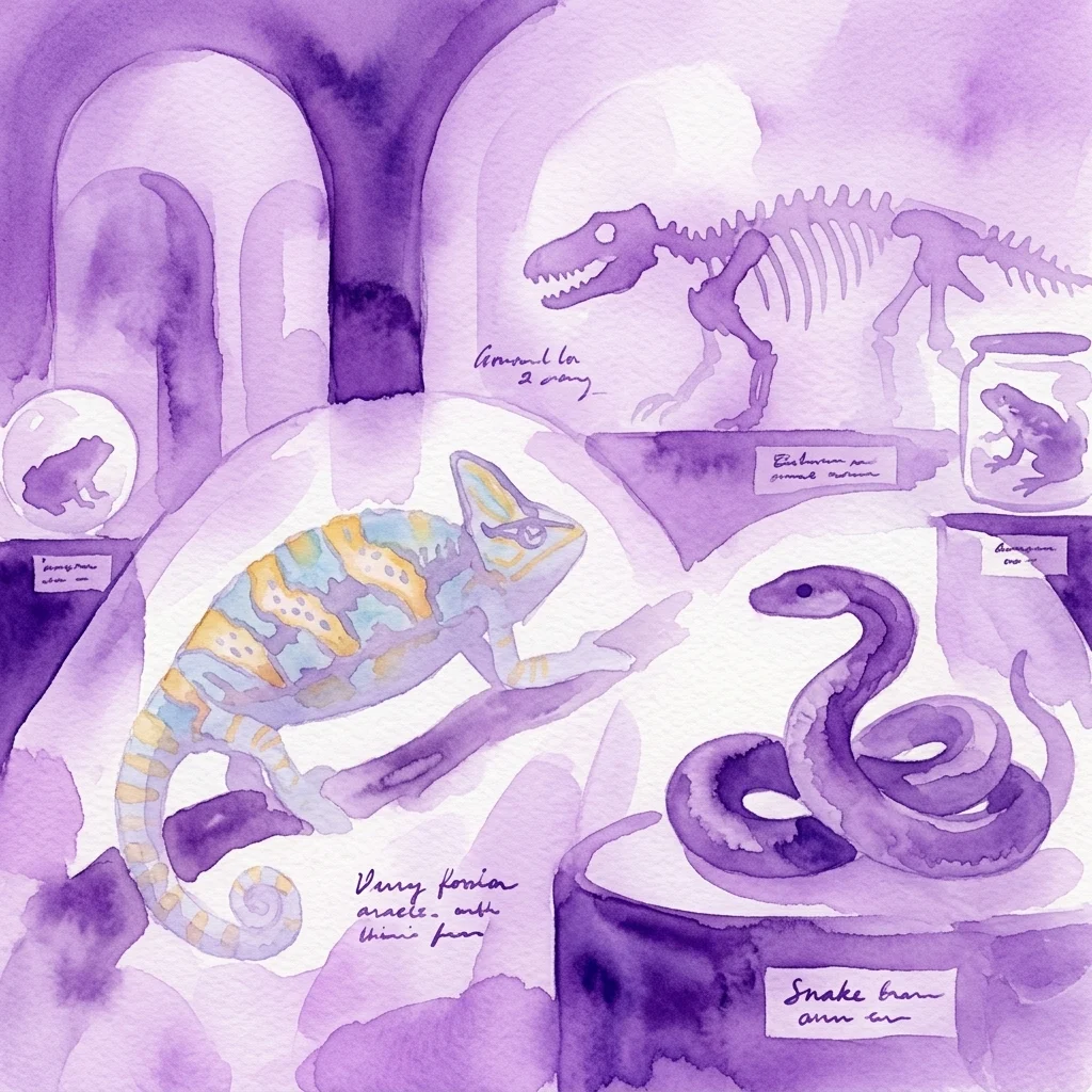 Ilustracja akwarelowa wystawy muzealnej przedstawiającej kameleona, węża, żabę i szkielet dinozaura, reprezentującej wystawę 'Toes, tails & tiny trails' poświęconą płazom i gadom.