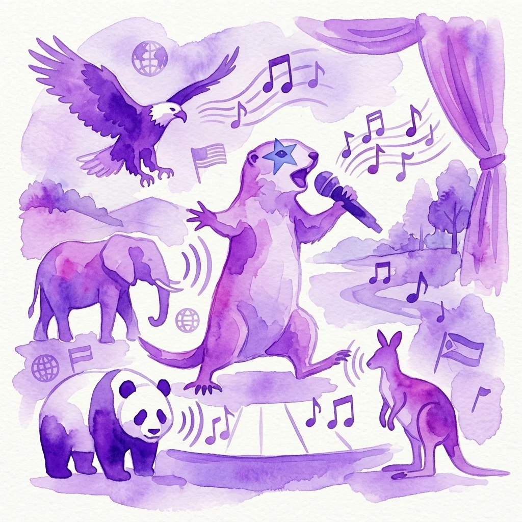 A purple watercolor illustration of animals including a beaver, eagle, elephant, panda, and kangaroo, performing on a stage with musical notes and flags, representing the 'Voices of Nature' exhibition at the Natural History Museum Vienna.