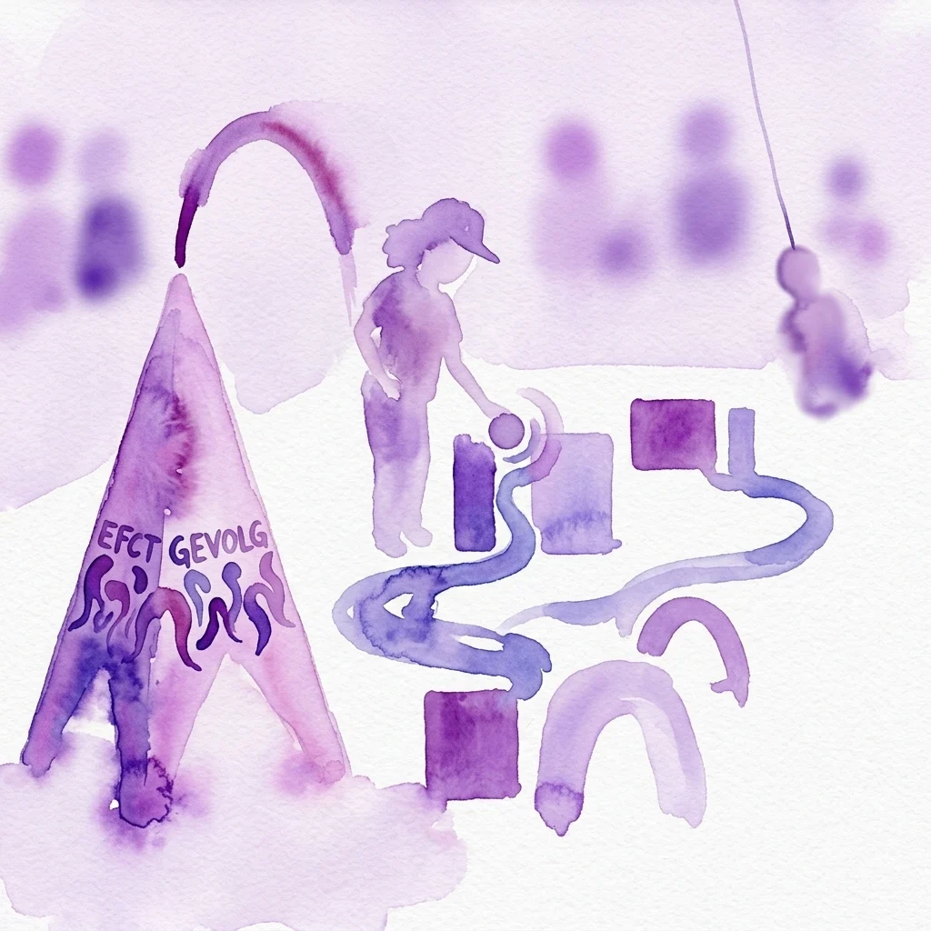 Ilustracja akwarelowa wystawy naukowej przedstawiającej połączone ze sobą elementy, takie jak domino, toczące się krzesła i huśtająca się manekin, demonstrująca przepływ energii na wystawie 'Chain Reaction' w muzeum.