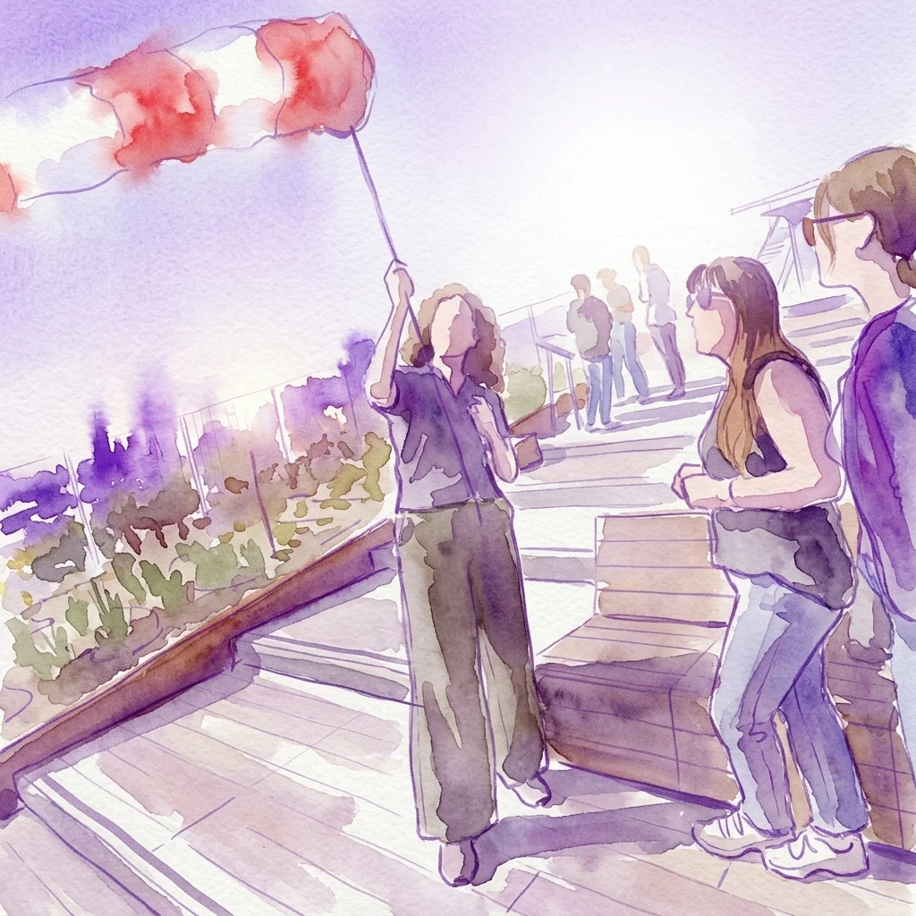 Een aquarelillustratie van bezoekers op het groene dakterras van NEMO Science Museum, die een rode windzak observeren en genieten van een panoramisch uitzicht over de stad.