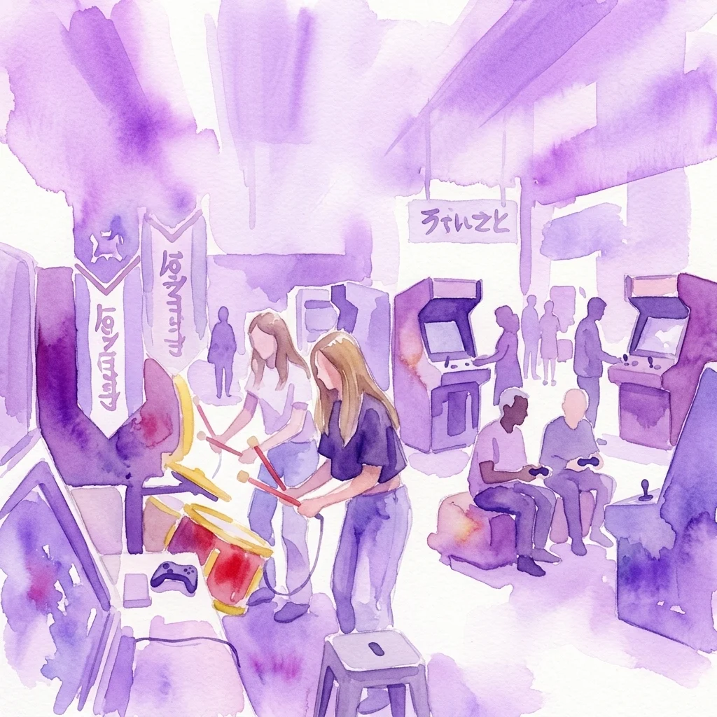 Aquarelillustratie van bezoekers die arcadekasten, ritmedrums en videogames spelen tijdens de tentoonstelling Game On in een paarsgetinte ruimte.