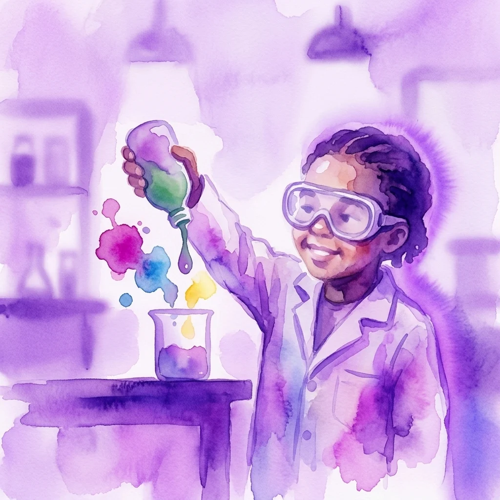 Een kind in een laboratoriumjas en veiligheidsbril dat een kleurrijk wetenschappelijk experiment uitvoert met bruisende vloeistoffen in een laboratorium.