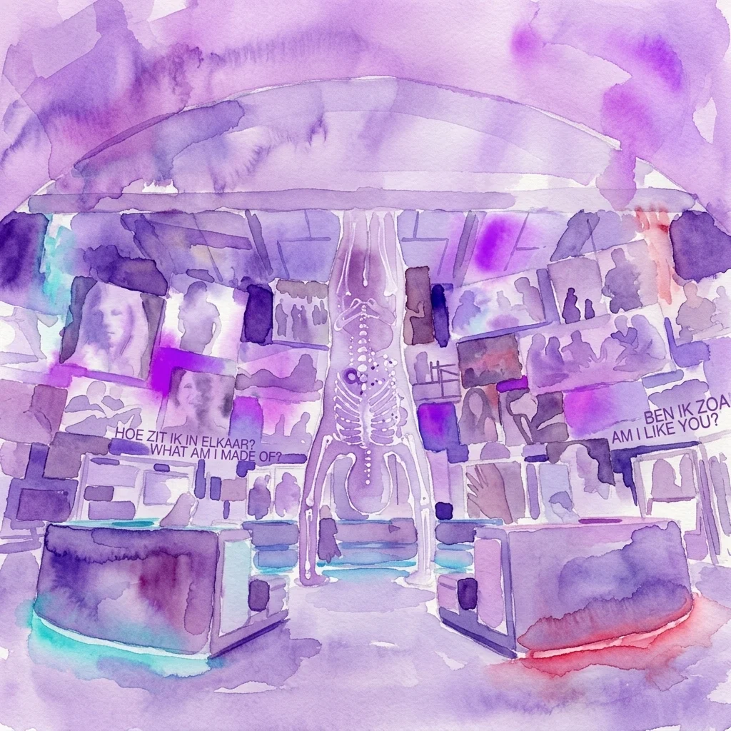 Watercolor illustration of the Humania exhibition interior, featuring a central skeleton display surrounded by interactive stations with text like 'What am I made of?' and 'Am I like you?'.