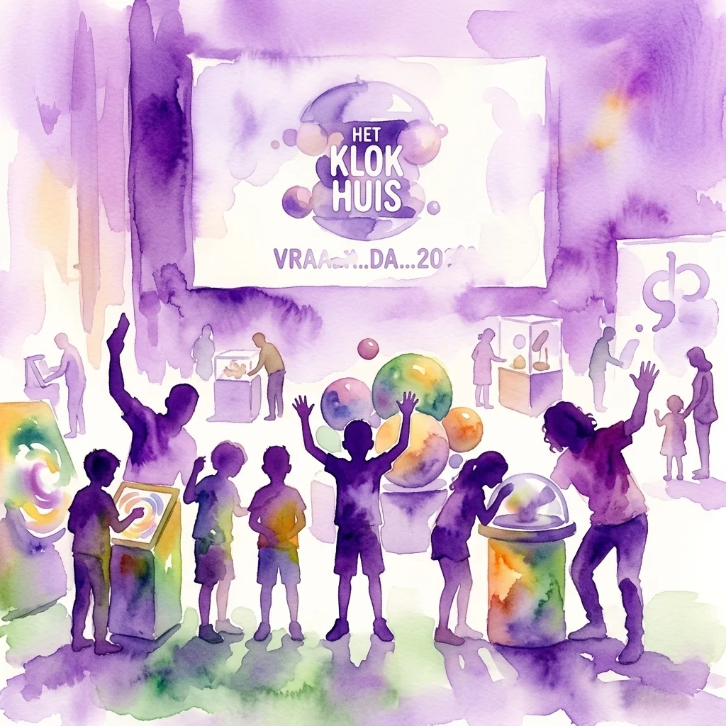 Een aquarelillustratie van kinderen en volwassenen die zich vermaken met interactieve wetenschapsdisplays tijdens het Klokhuis Vragendag evenement, met een groot scherm waarop het Het Klokhuis logo en de evenementnaam worden weergegeven.