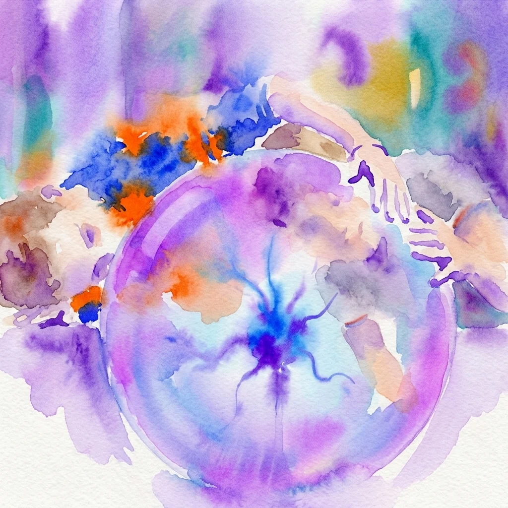 Abstract watercolor artwork featuring a central purple sphere with blue and orange splashes, evoking a sense of scientific discovery and energy.