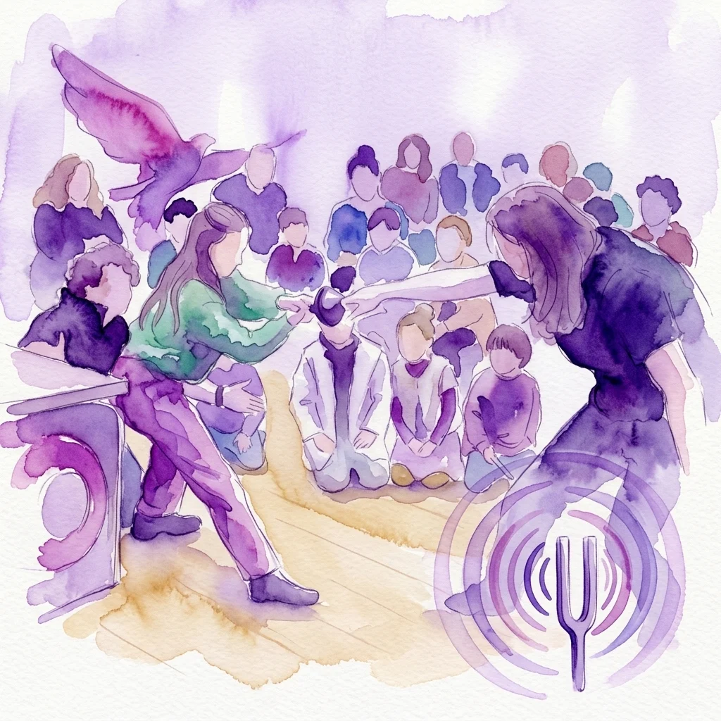 A watercolor illustration of a science demonstration with children and adults observing an interactive exhibit involving sound waves and a tuning fork, part of the NEMO Science Tour program.