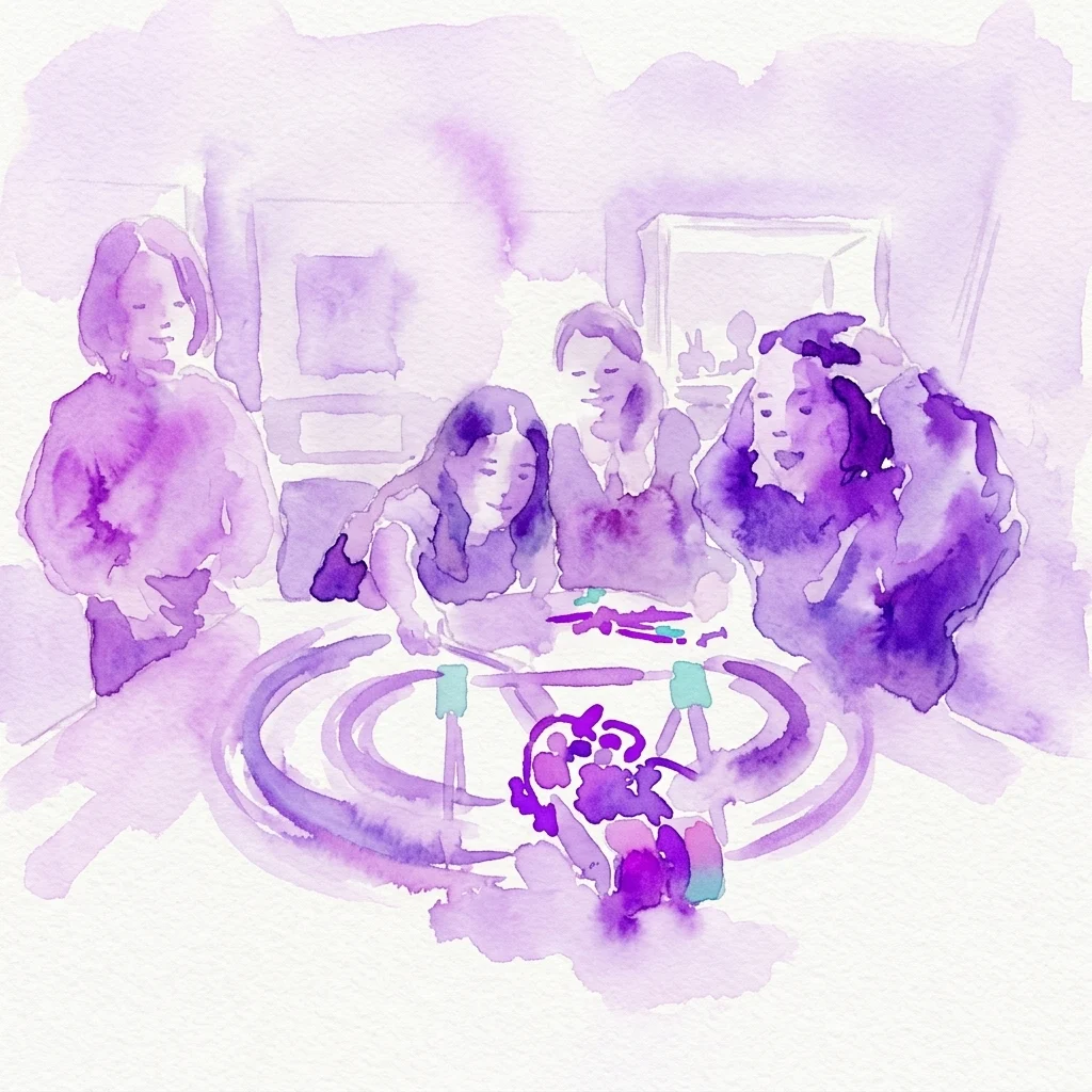 A watercolor illustration of children and adults collaborating on a hands-on science project in The Maker Space at NEMO Science Museum, featuring interactive electronics and circuit-building activities.