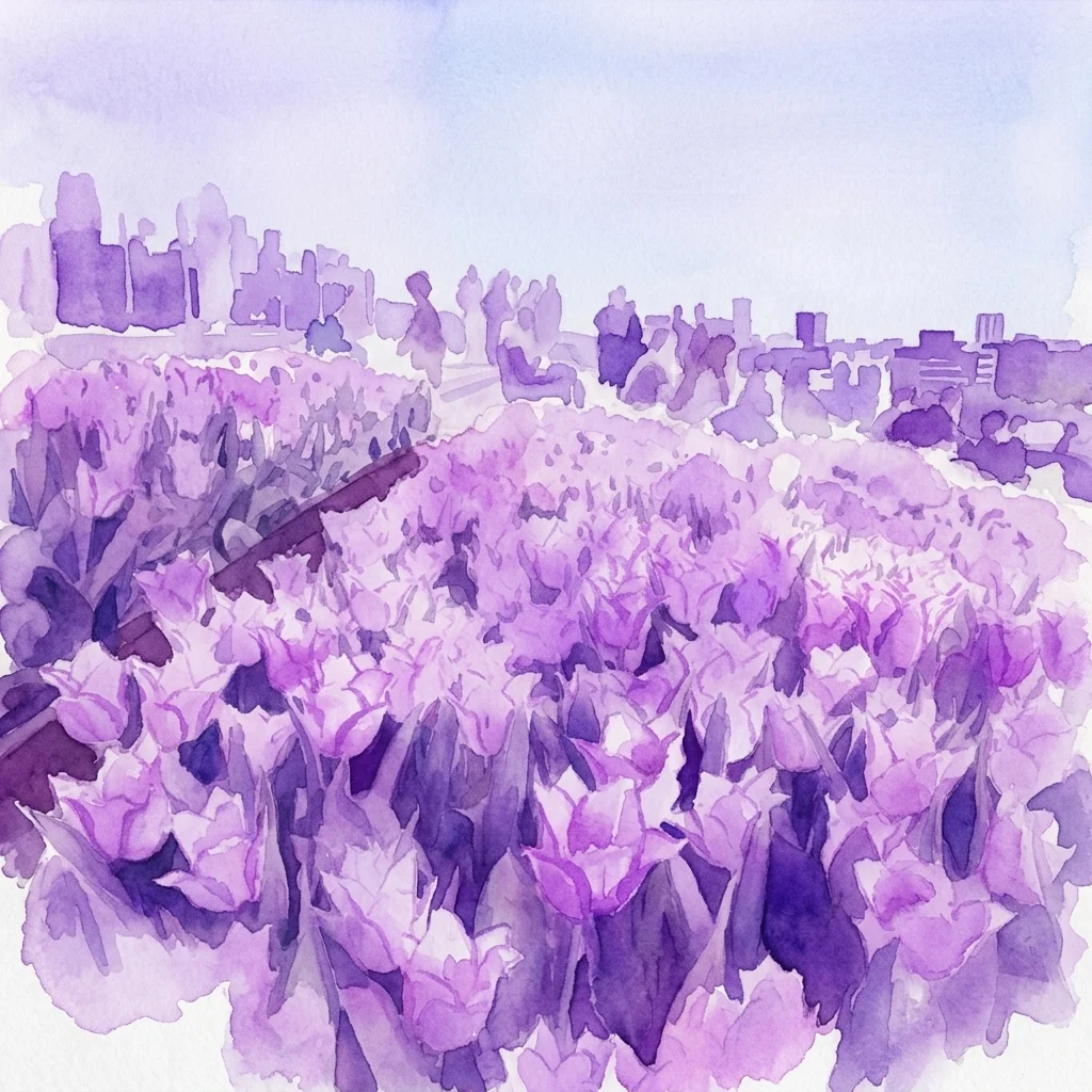 A watercolor painting of a rooftop garden filled with blooming purple tulips, with the Amsterdam skyline in the background under a clear sky.