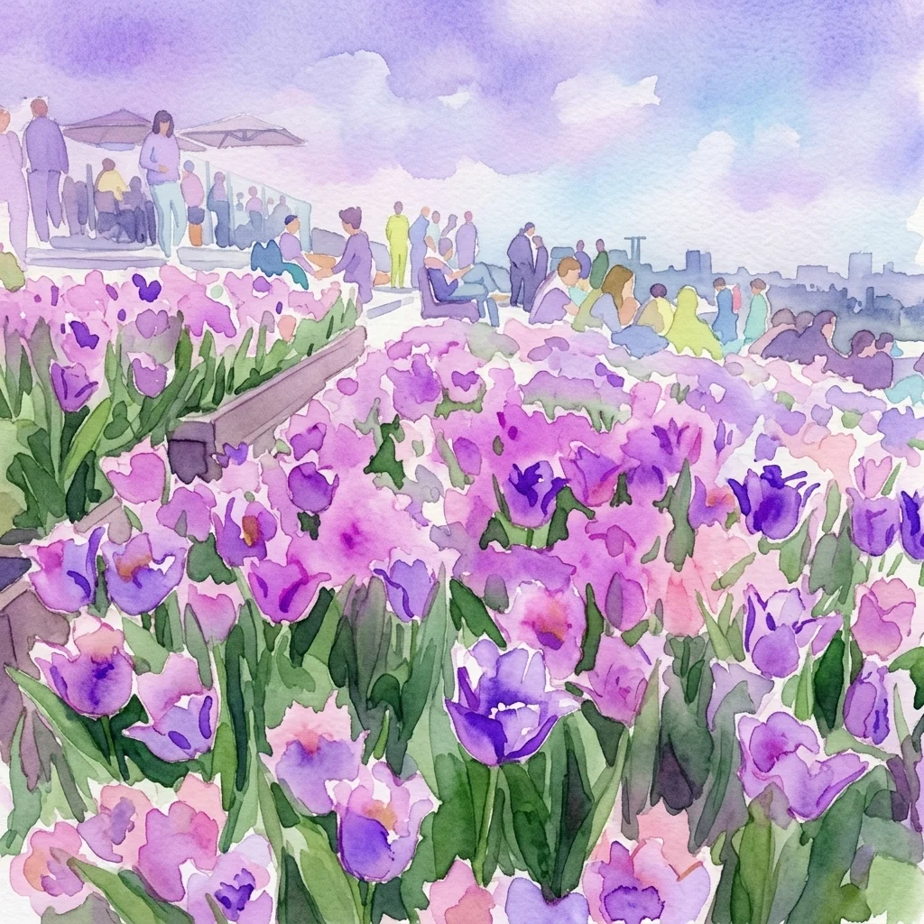 Watercolor of a rooftop garden filled with purple and pink tulips, with visitors enjoying the view of Amsterdam in the background.