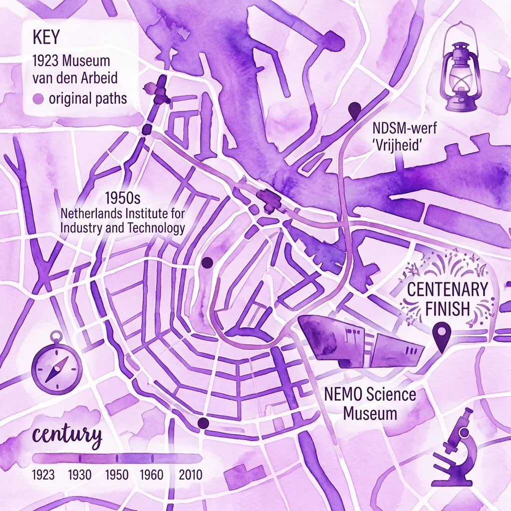 Een paarse aquarelkaart van Amsterdam met een wandelroute ter herdenking van 100 jaar NEMO Science Museum, met historische bezienswaardigheden zoals het Museum van den Arbeid uit 1923 en het Nederlands Instituut voor Nijverheid en Techniek uit de jaren 1950, met een eeuwfeest als eindpunt op de huidige locatie van het museum.