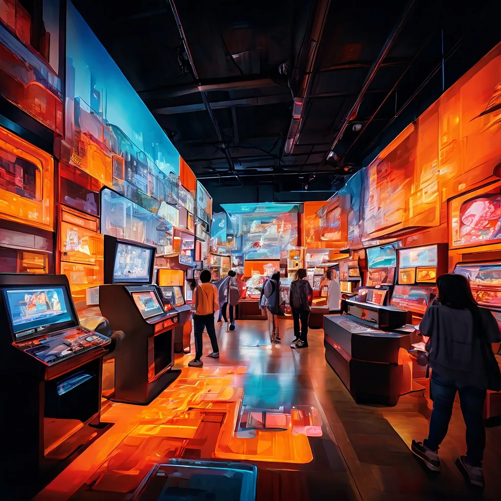 Bezoekers die interactieve game-displays uitproberen bij de Game On tentoonstelling in NEMO Science Museum.