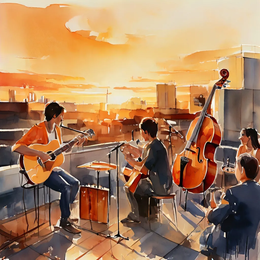 A bustling summer evening scene on the rooftop of NEMO Science Museum featuring a live musical performance and an audience enjoying the city view.