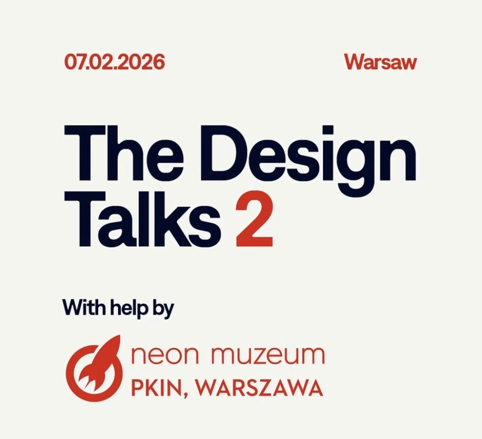 The Design Talks 2 logo with Neon Muzeum and PKIN, Warszawa branding on a light background