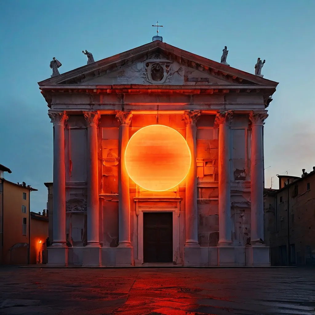 Een gloeiende neon-installatie van Chloé Delarue op de buitenmuur van het Istituto Svizzero in Rome.