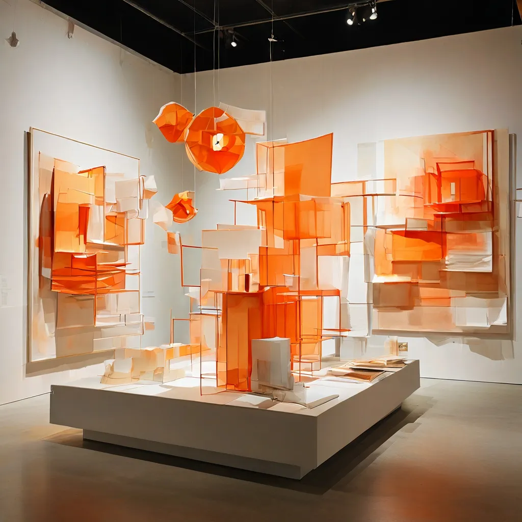 Artistic display of paper-based art and mixed media in a museum setting, representing the exhibition featuring Heimo Zobernig.