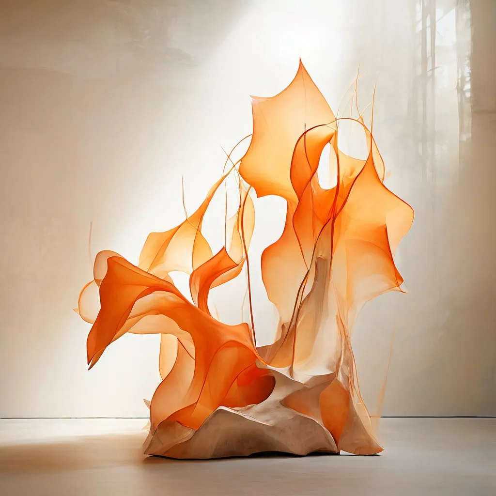 Abstract contemporary art installation inspired by forest themes, featuring organic textures and sculptural elements at an exhibition.