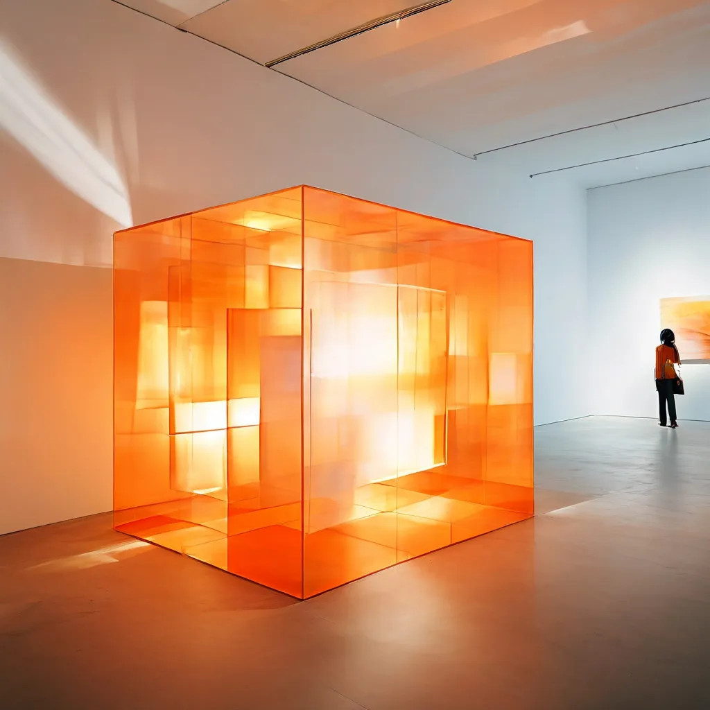 Interpretación artística abstracta de luz y proyección de vídeo en un espacio de galería moderno.