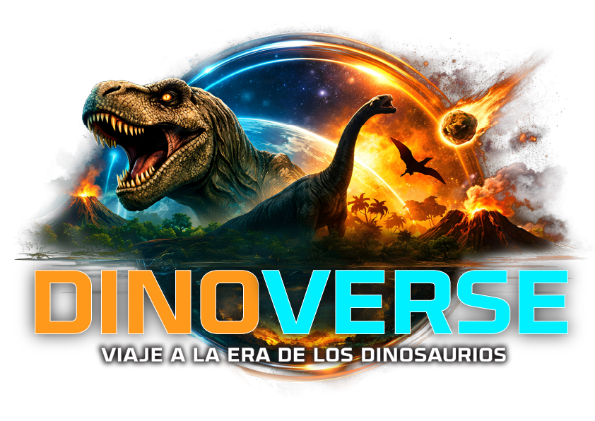 DinoVerse tentoonstellingslogo met een T-Rex en een langnekdinosaurus tegen een vulkanische en kosmische achtergrond