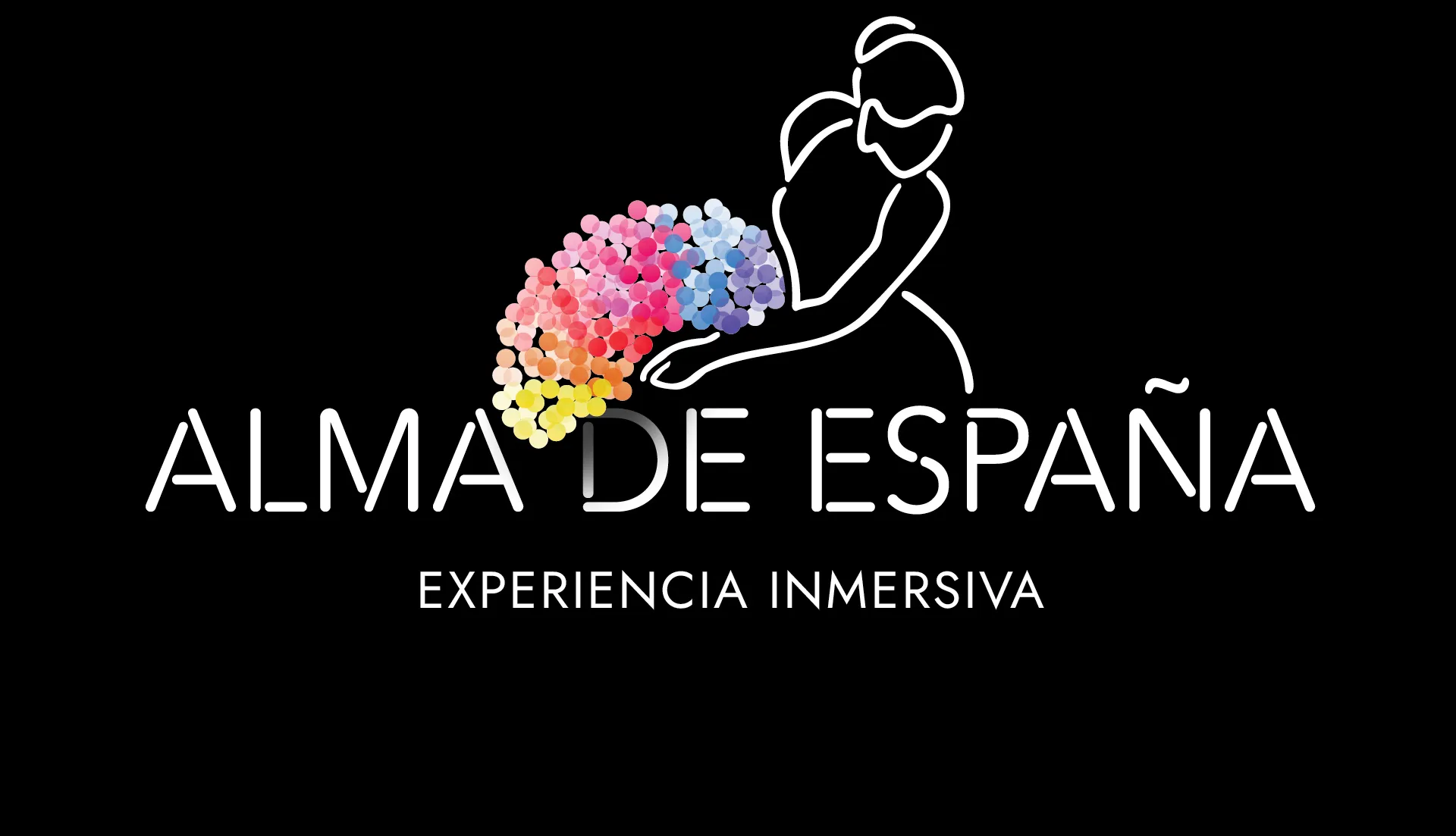 White logo on black background showing a person holding a colorful brain-like shape with text 'ALMA DE ESPAÑA EXPERIENCIA INMERSIVA'