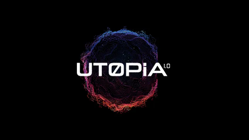 white text UTOPIA over a colorful particle sphere on black background