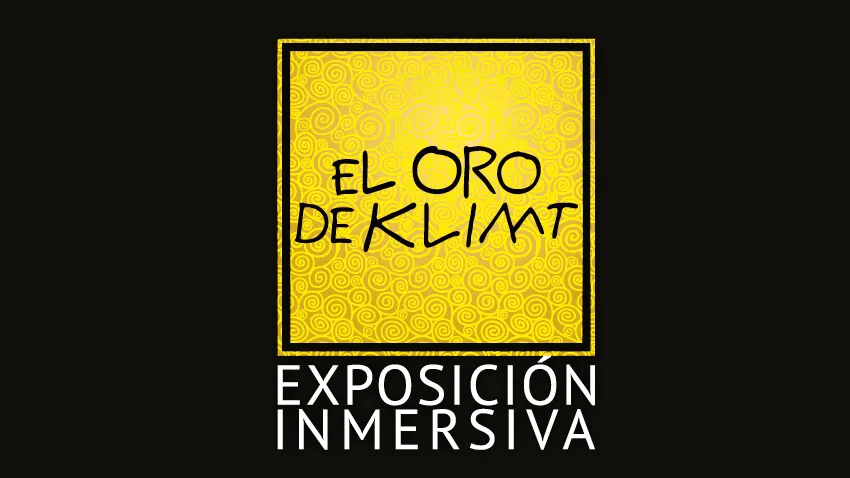 Yellow square logo with black text 'EL ORO DE KLIMT' and 'EXPOSICIÓN INMERSIVA' below on a black background