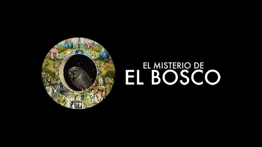 Circular logo with a colorful artwork depicting a central owl figure, next to the text 'EL MISTERIO DE EL BOSCO'