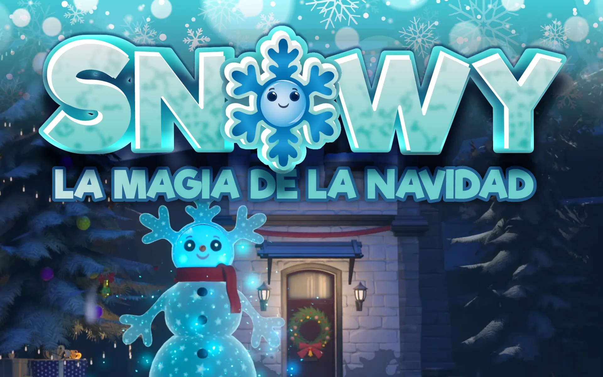 Festive promotional image with the word 'SNOWY' and 'LA MAGIA DE LA NAVIDAD' over a snowman and a decorated building entrance.