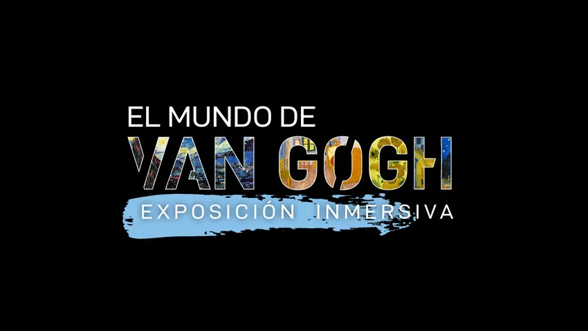 Tekstlogo voor 'El Mundo de Van Gogh Exposición Inmersiva' met artistieke belettering en blauw penseelstreek-achtergrond
