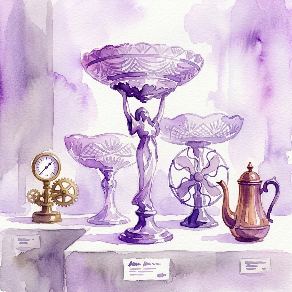 Una ilustración en acuarela de objetos de diseño industrial de la empresa Norblin, Br. Buch y T. Werner, que incluyen una lámpara decorativa, un ventilador, una tetera y un reloj, expuestos en una exhibición de museo.