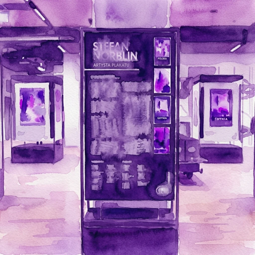 Una ilustración en acuarela de una sala de exposiciones con pósteres de Stefan Norblin, con un panel central titulado 'Stefan Norblin Artysta Plakatu' y obras de arte circundantes en un estilo artístico de tonalidad púrpura.