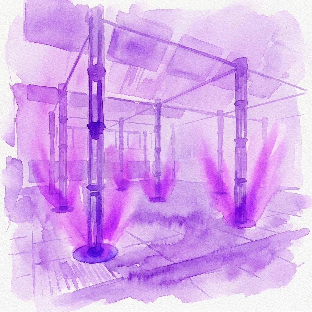 Ilustracja akwarelowa przedstawiająca ciemną, wciągającą przestrzeń wystawienniczą ze świecącym fioletowym światłem i głośnikami dookólnymi, reprezentująca Noc Otwarcia 4DSOUND w Nxt Museum.