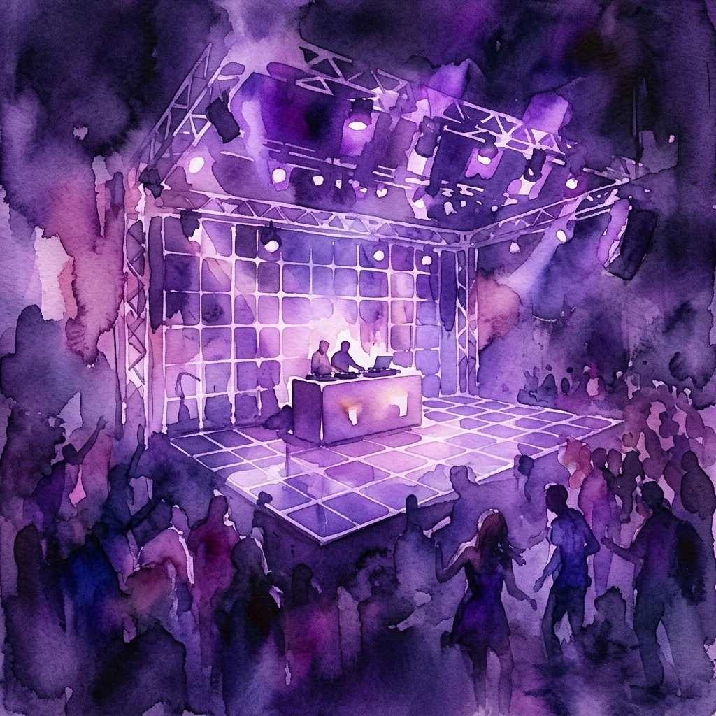 Immersywna scenografia dla "Echo's of Amsterdam" w Nxt Museum, z DJ-ką otoczoną siatką elementów świetlnych i dźwiękowych, w otoczeniu tańczących sylwetek w purpurowym oświetleniu.