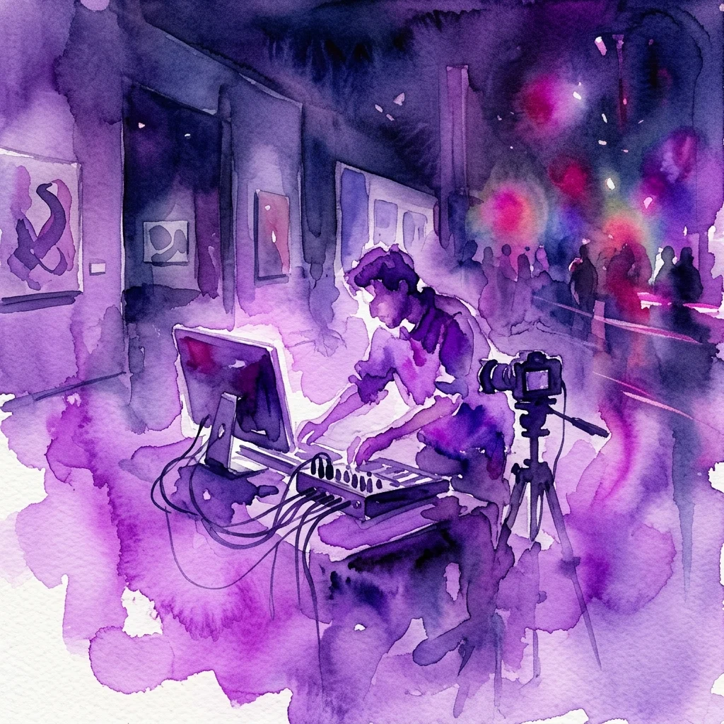 Ilustracja akwarelowa przedstawiająca artystę pracującego ze sprzętem audiowizualnym w słabo oświetlonej przestrzeni galerii, z laptopem, mikserem i kamerą, przywołująca kreatywną kulturę nocnego życia.