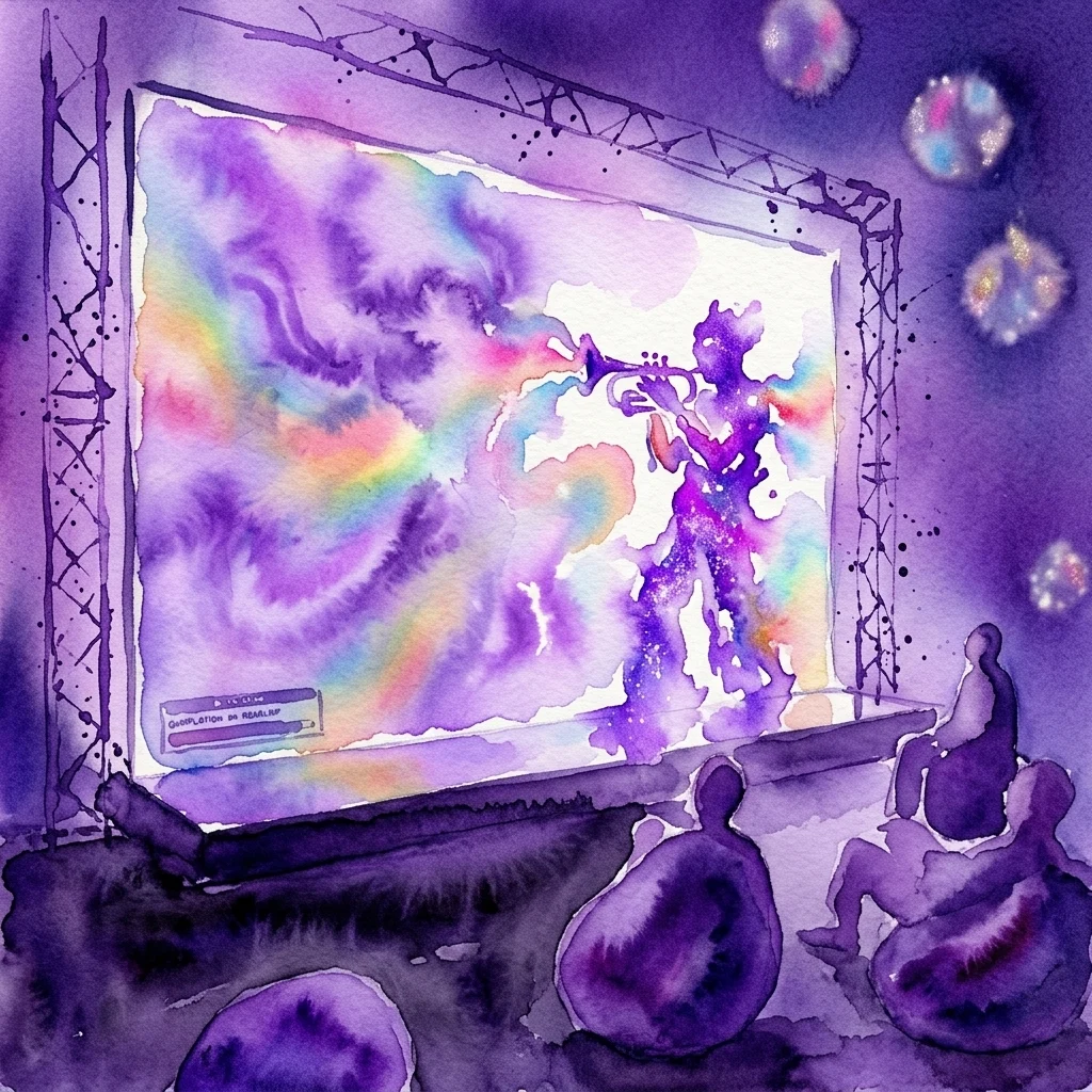 Ilustracja akwarelowa futurystycznego występu z sylwetką muzyka grającego na trąbce na scenie, otoczonego tęczowymi efektami holograficznymi i lśniącymi kulami, przywołująca estetykę sali balowej z lat 80.