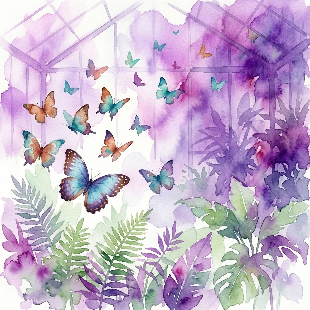 Watercolor illustration of butterflies flying in a greenhouse with lush tropical plants and purple hues, evoking the 'Butterflies — The Art of Survival' exhibition at Prague Botanical Garden.