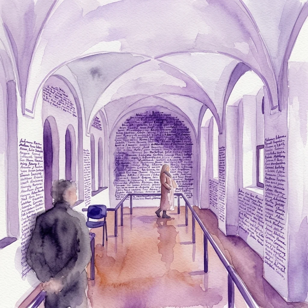 Interior of the Pinkas Synagogue in Prague, with walls covered in handwritten names of victims from the Terezín concentration camp, part of the Children's Drawings from Terezín 1942-1944 exhibition.