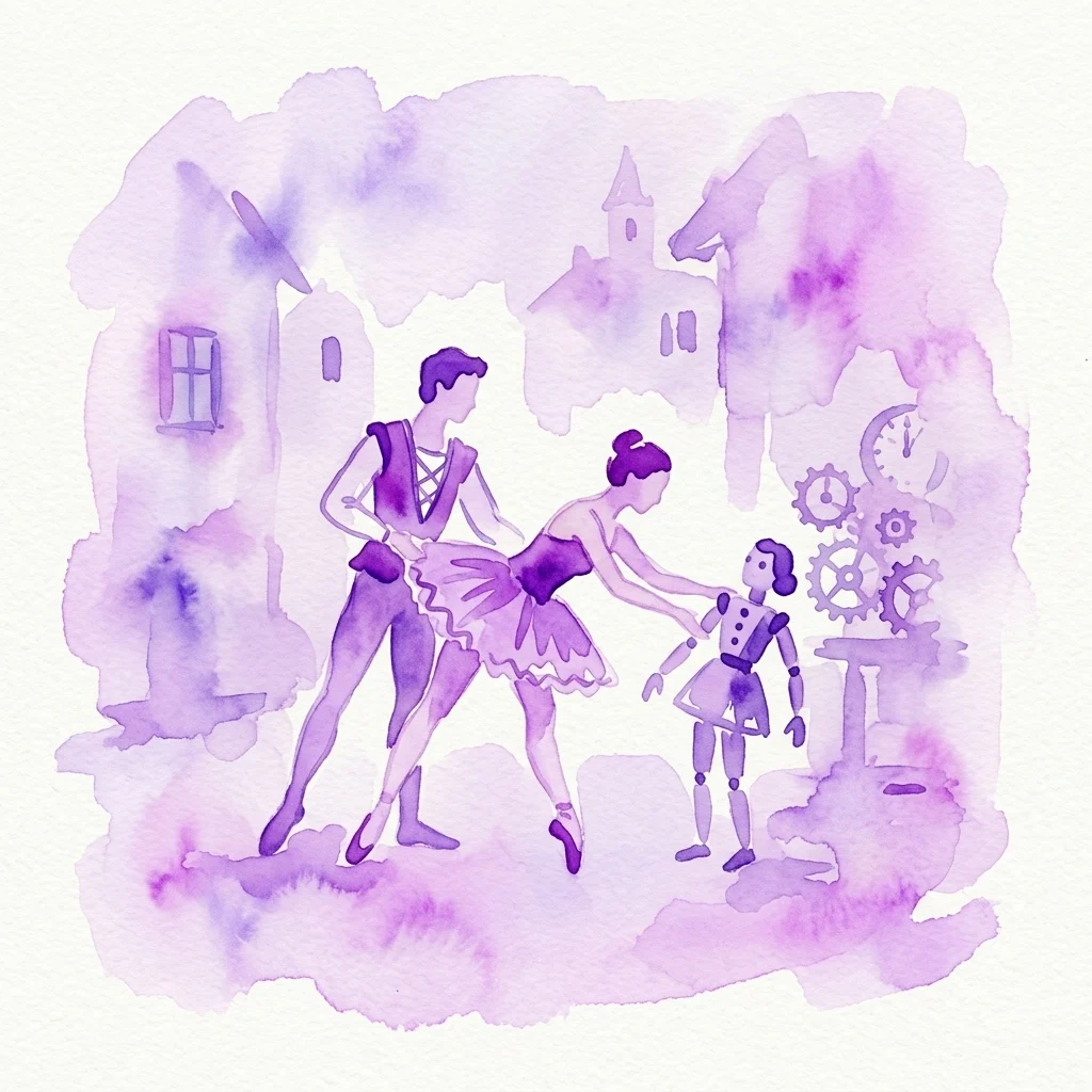 A watercolor illustration of dancers from the ballet Coppélia interacting with a mechanical doll, set against a whimsical village backdrop with purple hues.