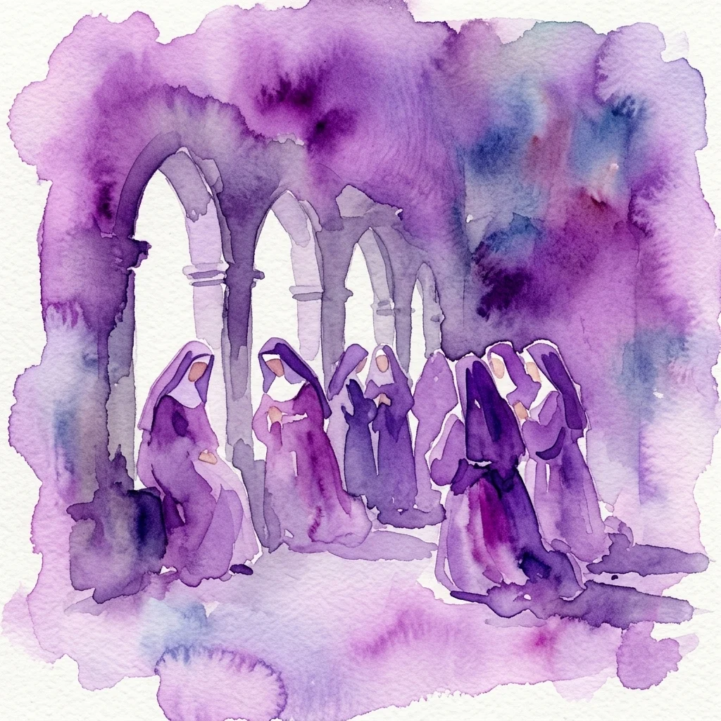 Waterverfillustratie van nonnen in paarse habijten in een klooster, die een scène uit de opera Dialogues des Carmélites van Francis Poulenc uitbeelden.