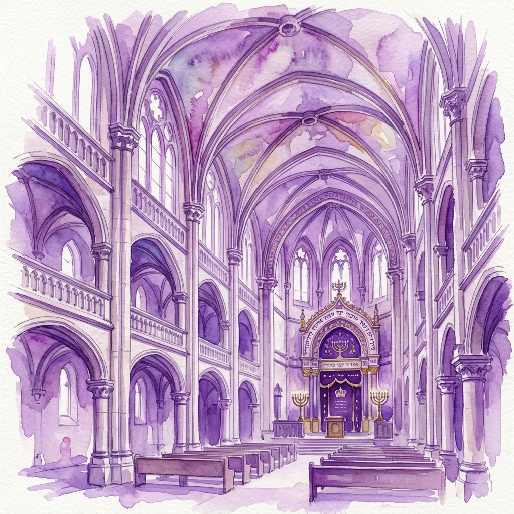 Wnętrze Synagogi Maisla w Pradze, zabytkowy budynek w stylu renesansowym z cechami gotycyzującymi, prezentujący sklepione sufity, kamienne filary, galerie i okazały Aron z hebrajskimi inskrypcjami.