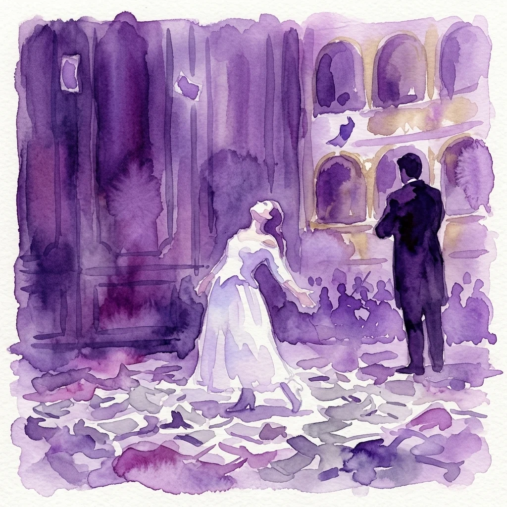 Waterverfillustratie van een dramatische scène uit Verdi's opera La traviata, met een vrouw in een witte japon en een man in een donker pak op een podium met paarse en gouden tinten.