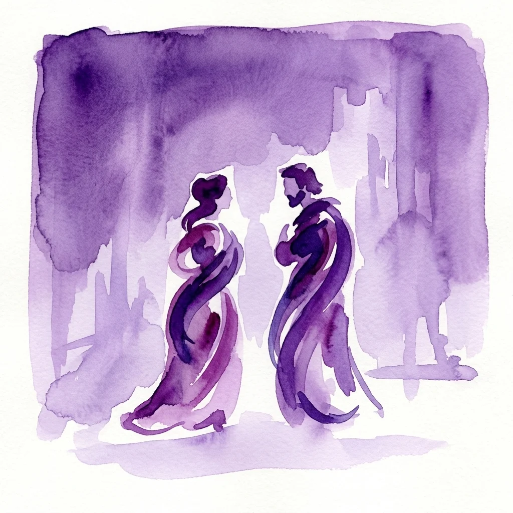 Una ilustración en acuarela de dos figuras en tonos púrpuras, que representan personajes de la ópera Macbeth de Verdi, sobre un dramático y sombrío telón de fondo.