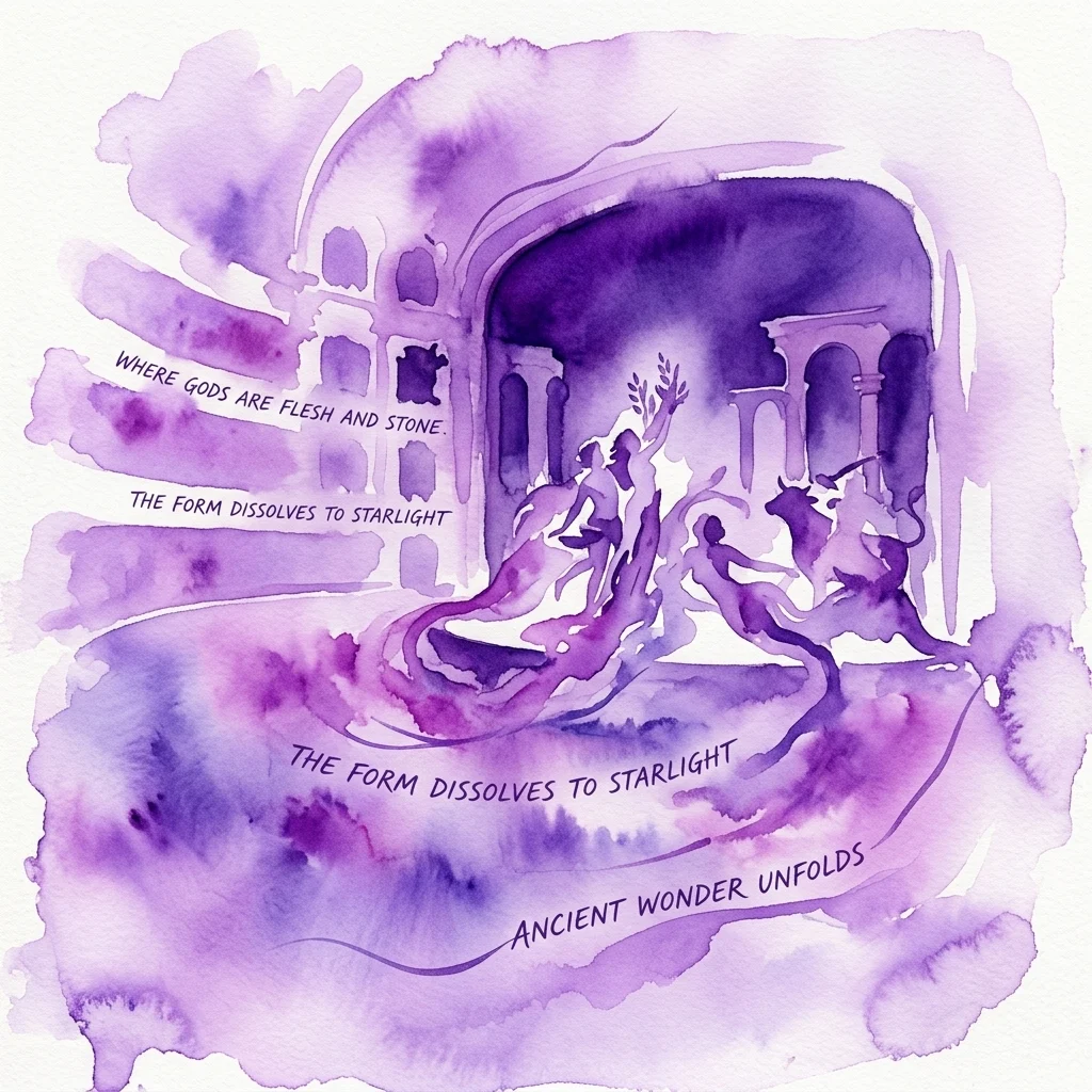 Fioletowa ilustracja akwarelowa poematu scenicznego przedstawiającego transformujące się postacie mitologiczne, na tle starożytnej rzymskiej architektury z nałożonym tekstem o bogach, gwiezdnym świetle i starożytnym zachwycie.