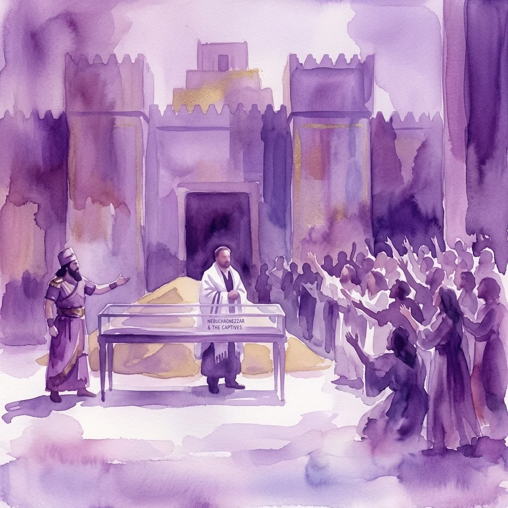 Watercolor illustration of a dramatic opera scene from Verdi's Nabucco, depicting King Nebuchadnezzar and the captives in ancient Babylon with a grand chorus and expressive figures.