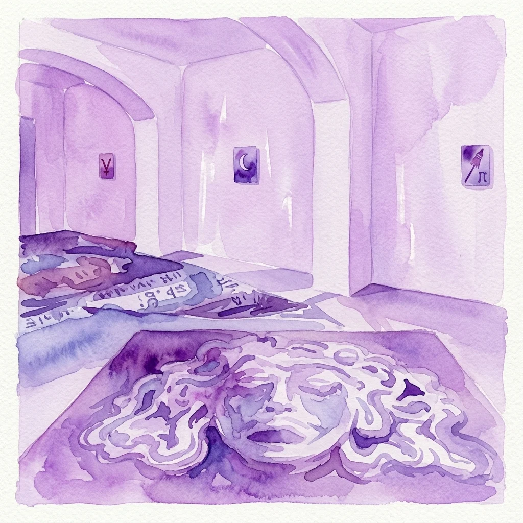 Watercolor illustration of a purple-hued gallery interior featuring a large abstract face sculpture on the floor and symbolic wall panels, representing the Peles Duo exhibition 'Portals' at Hunt Kastner Gallery.