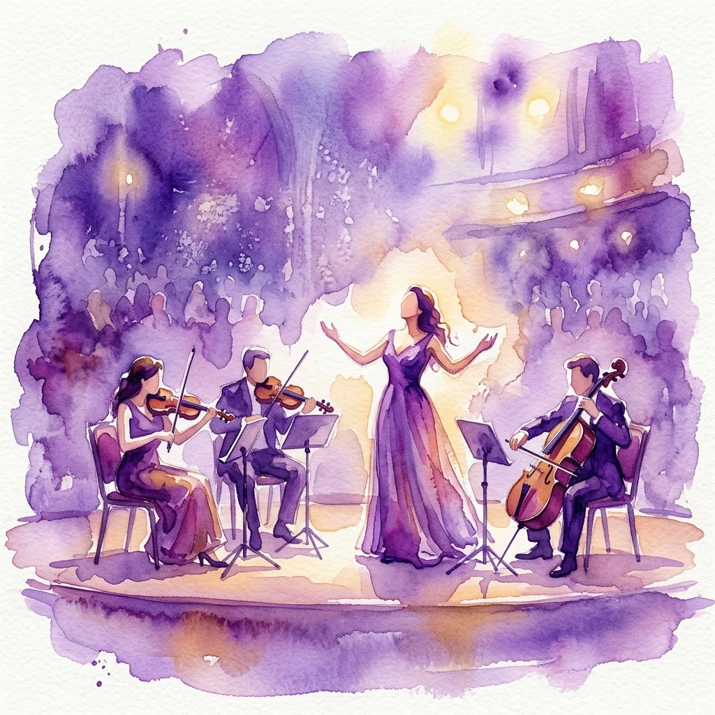 A watercolor illustration of a classical music concert featuring a soprano and a string quartet performing on stage under warm lighting, evoking an artistic atmosphere.